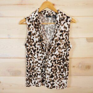 NWT Tahari Women's M Sleeveless Leopard Print Blouse Partial Wrap Top V-neck